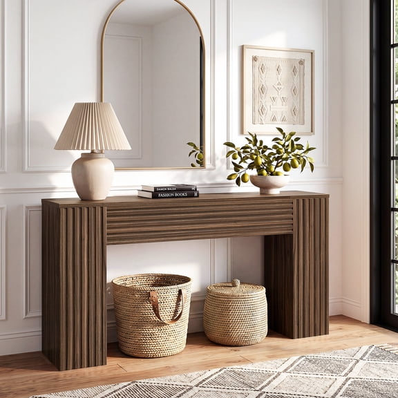 GUNAITO Farmhouse Console Table, 61" Fluted Long Sofa Table Behind Couch with Storage for Entryway, Walnut