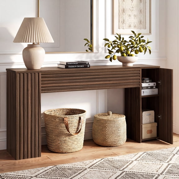 GUNAITO Farmhouse Console Table, 61" Fluted Long Sofa Table Behind Couch with Storage for Entryway, Walnut