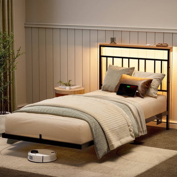 GUNAITO Twin Size Floating Bed Frame Metal Platform Bed with LED Lights & Charging Station Modern Bed with Headboard and Under-bed Storage Black