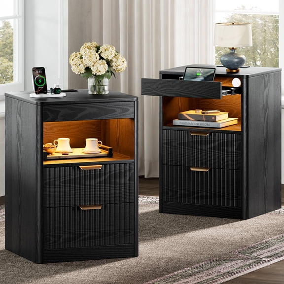 GUNAITO Fluted Nightstand Set of 2 with Charging Station, Modern LED Night Stand with 2 Drawers and Pull Out Tray, Wood Bedside Table, End Side Table with Open Shelf for Bedroom,Black