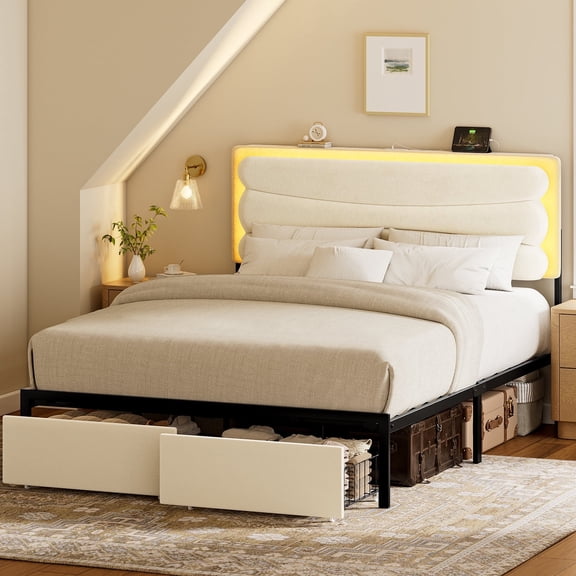 Gunaito Wavy Full Bed Frame with 2 Storage Drawers & LED Light,Upholstered Platform Bed,Beige