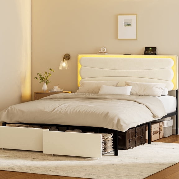 GUNAITO Full Bed Frame with 2 Drawers, Upholstered Platform Bed with Charging Station and LED, No Box Spring Needed, Beige