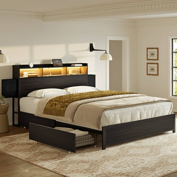 GUNAITO Full Bed Frame with 2 Drawers Headboard Platform Bed Frame with LED Lights Charging Station Black