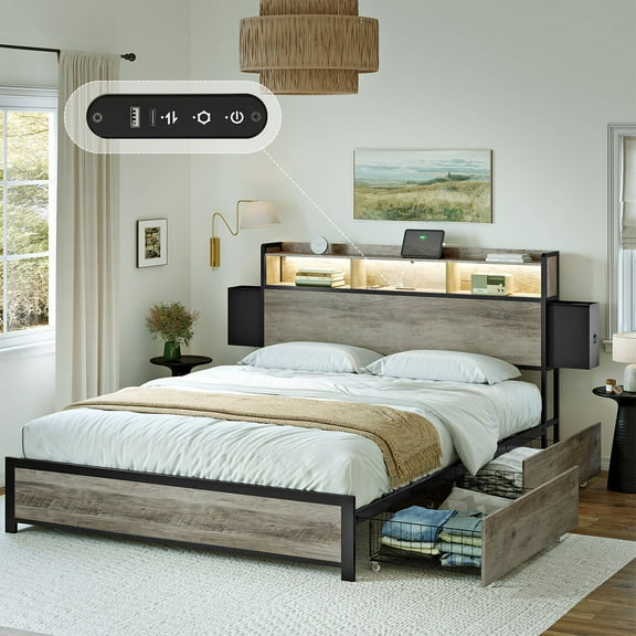 GUNAITO Full Bed Frame with 2 Drawers Headboard Platform Bed Frame with LED Lights Charging Station Gray