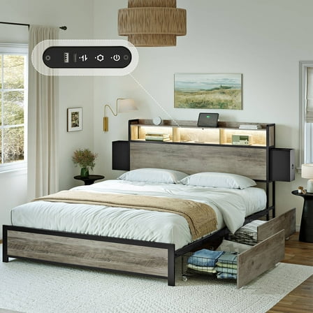 GUNAITO Full Bed Frame with 2 Drawers Headboard Platform Bed Frame with LED Lights Charging Station Gray