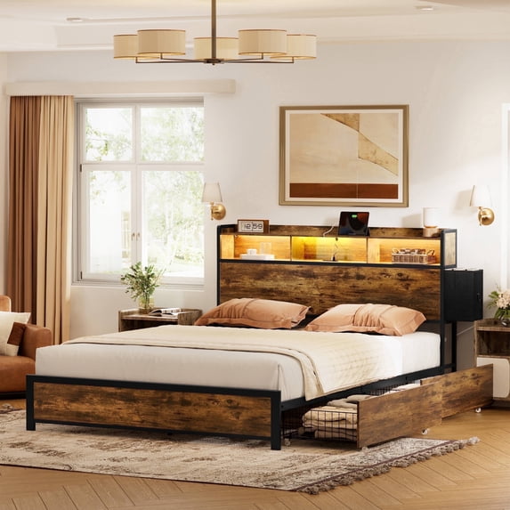 GUNAITO Full Bed Frame with 2 Drawers Headboard Platform LED Bed Frame with 2 Storage Drawers USB Ports & Outlets Rustic Brown