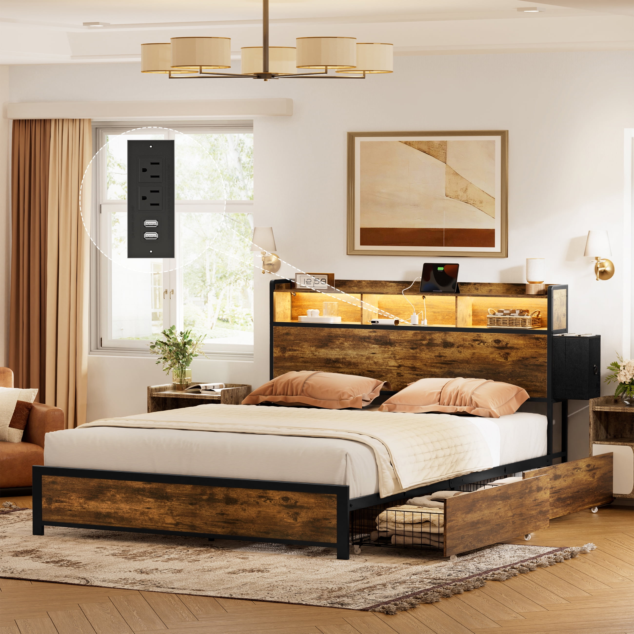 GUNAITO Full Bed Frame with 2 Drawers Headboard Platform LED Bed Frame with 2 Storage Drawers USB Ports & Outlets Rustic Brown