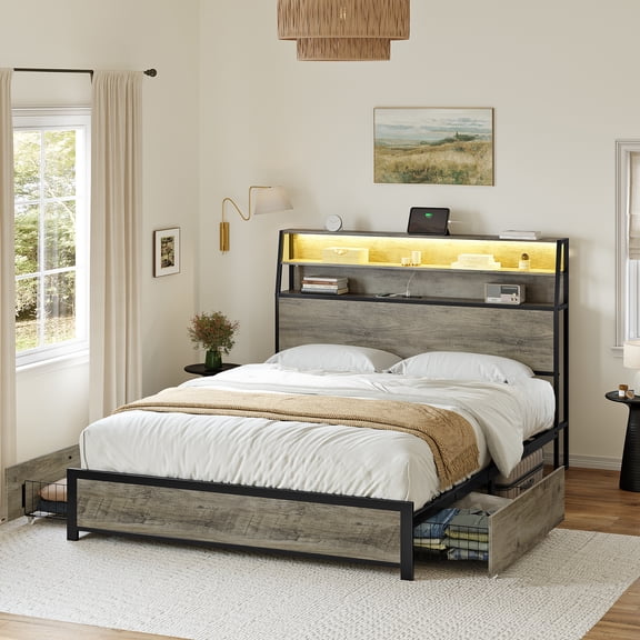 GUNAITO Full Bed Frame with Storage Headboard, 2 Drawers Platform LED Bed Frame with USB Ports & Outlets Gray