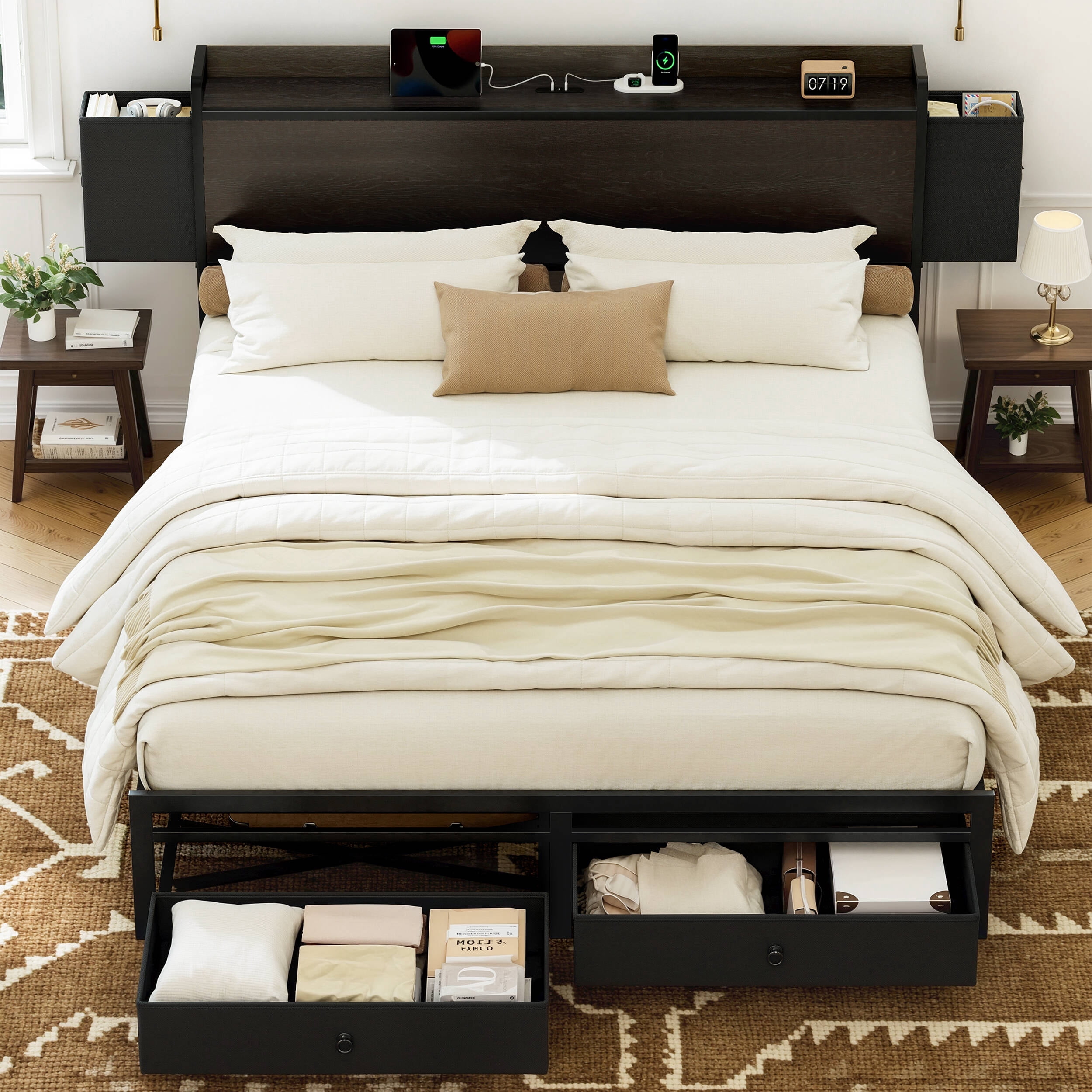 GUNAITO Full Bed Frame with Storage Headboard Platform Bed Frame with 2 Drawers Metal Bed with Charging Station, Dark Brown