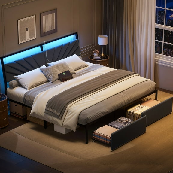 GUNAITO King Bed Frame with Ergonomic Tilted Upholstered Headboard, Platform Bed with 2 Drawers, Metal Bed with USB Port and LED Light, Dark Gray