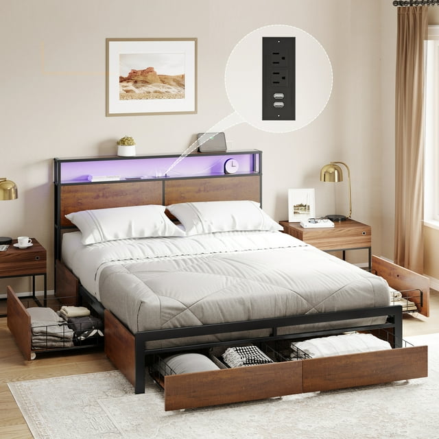 GUNAITO Full Size Bed Frame with Headboard and 4 Storage Drawers LED