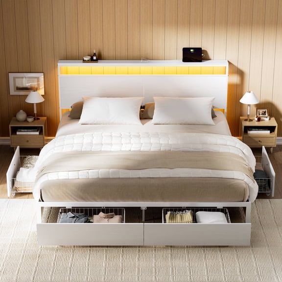 GUNAITO Full Size Bed Frame with Headboard and 4 Storage Drawers LED Bed Frame with USB Ports & Outlets White