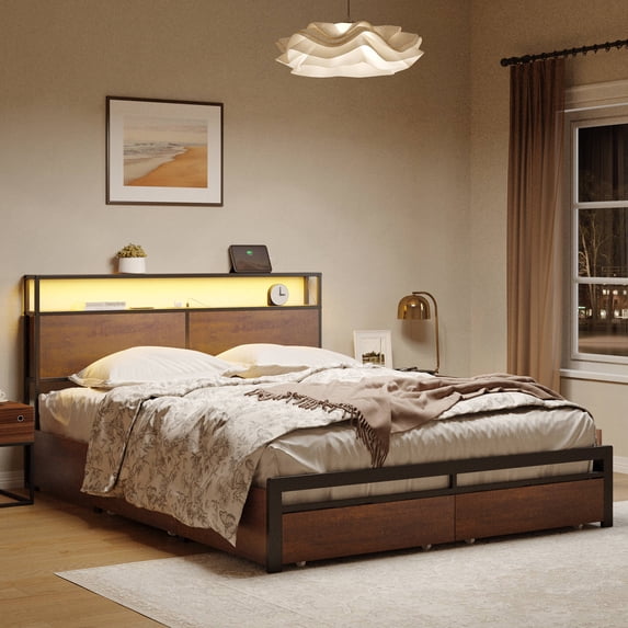 GUNAITO Full Size Bed Frame with Headboard and 4 Storage Drawers LED Bed Frame with USB Ports & Outlets White