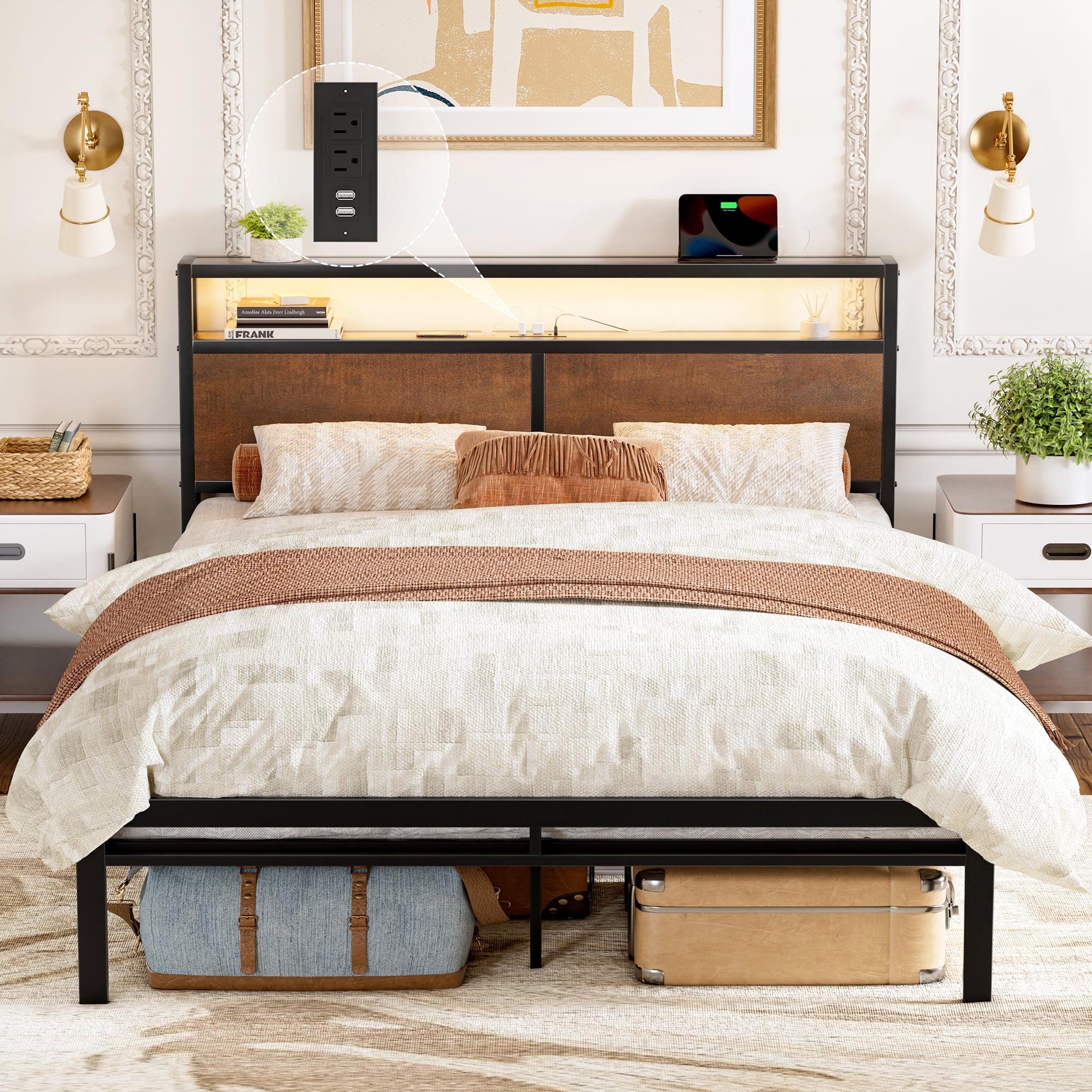 GUNAITO Full Size Bed Frame with Headboard Metal Platform Bed with LED Lights and Charging Station, Rustic Brown