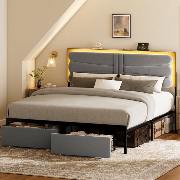 Gunaito Wavy King Bed Frame with 2 Storage Drawers & LED Light，Upholstered Platform Bed,Gray