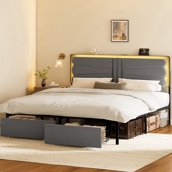 GUNAITO King Size Bed Frame with 2 Drawers, Upholstered Platform Bed with Charging Station and Adjustable Headboard, Grey