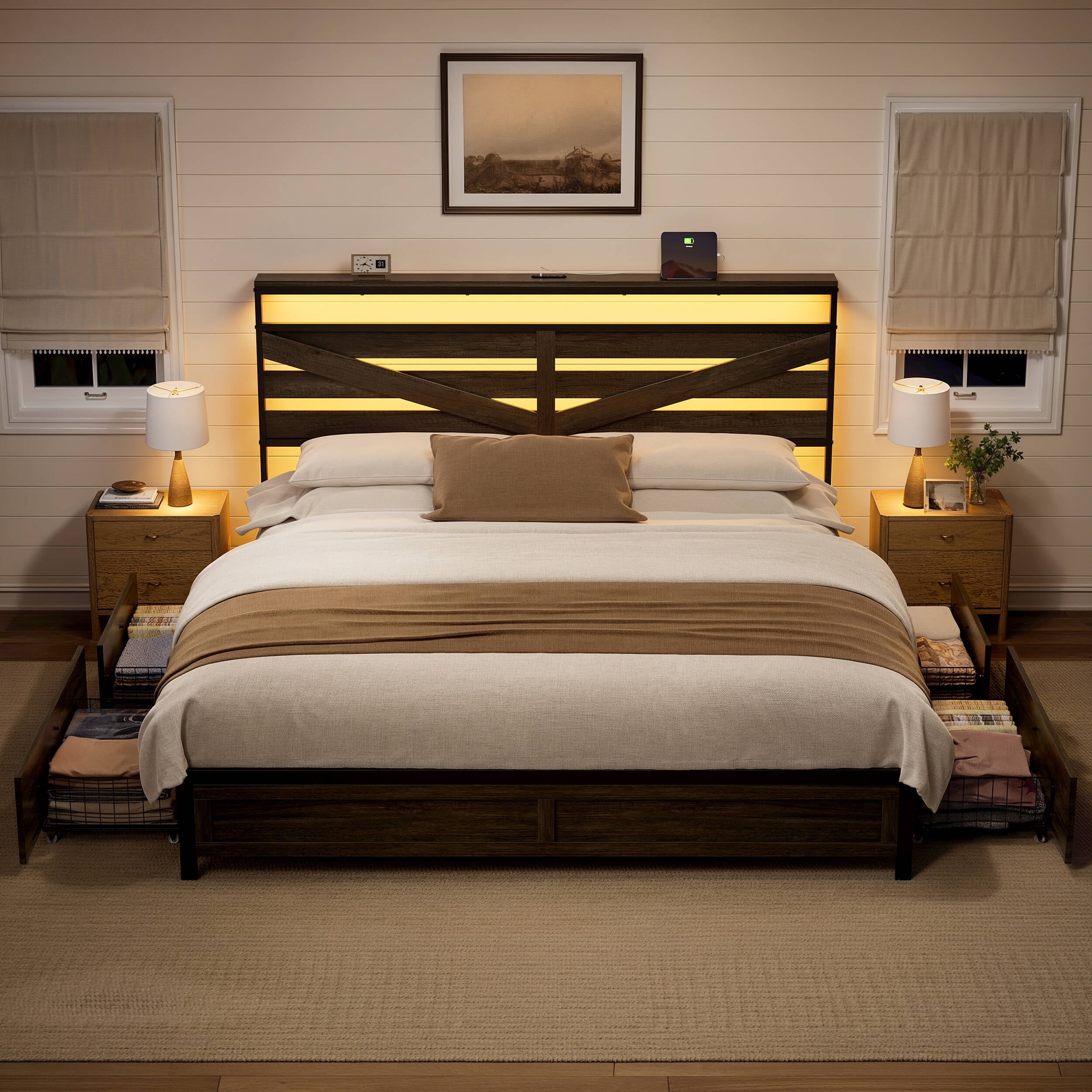 GUNAITO King Bed Frame with Storage Headboard & 4 Drawers, Dark Gray Industrial Metal Platform Bed with Charging Station and LED