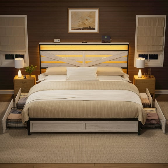 GUNAITO King Bed Frame with Storage Headboard & 4 Drawers, Industrial Metal Platform LED Bed with USB Ports & Outlets, Light Gray