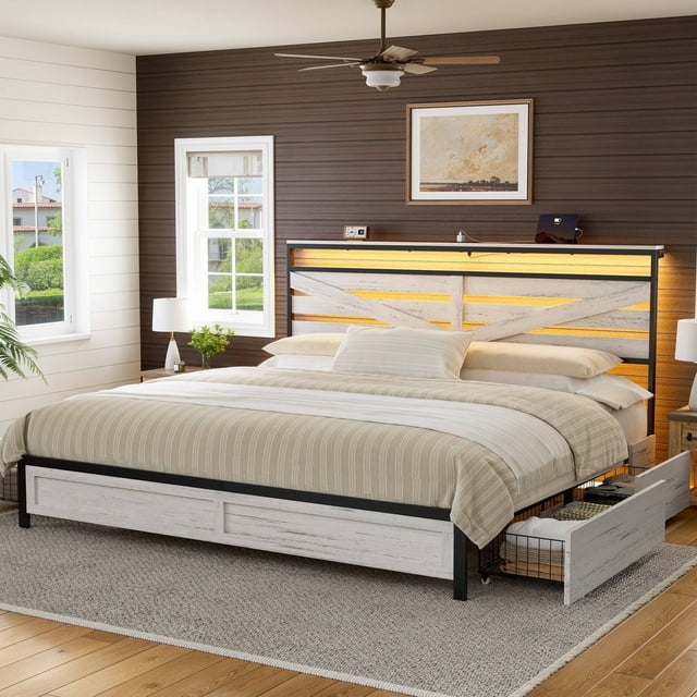 GUNAITO King Bed Frame with Storage Headboard & 4 Drawers, Industrial