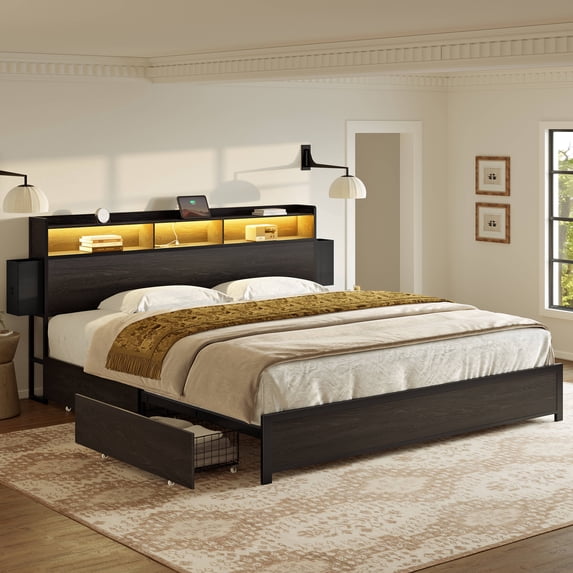 GUNAITO King Bed Frame with 2 Drawers Headboard Platform Bed Frame with LED Lights Charging Station Black