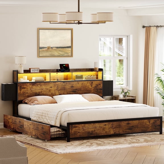 GUNAITO King Bed Frame with 2 Drawers Headboard Platform Bed Frame with LED Lights Charging Station Rustic Brown
