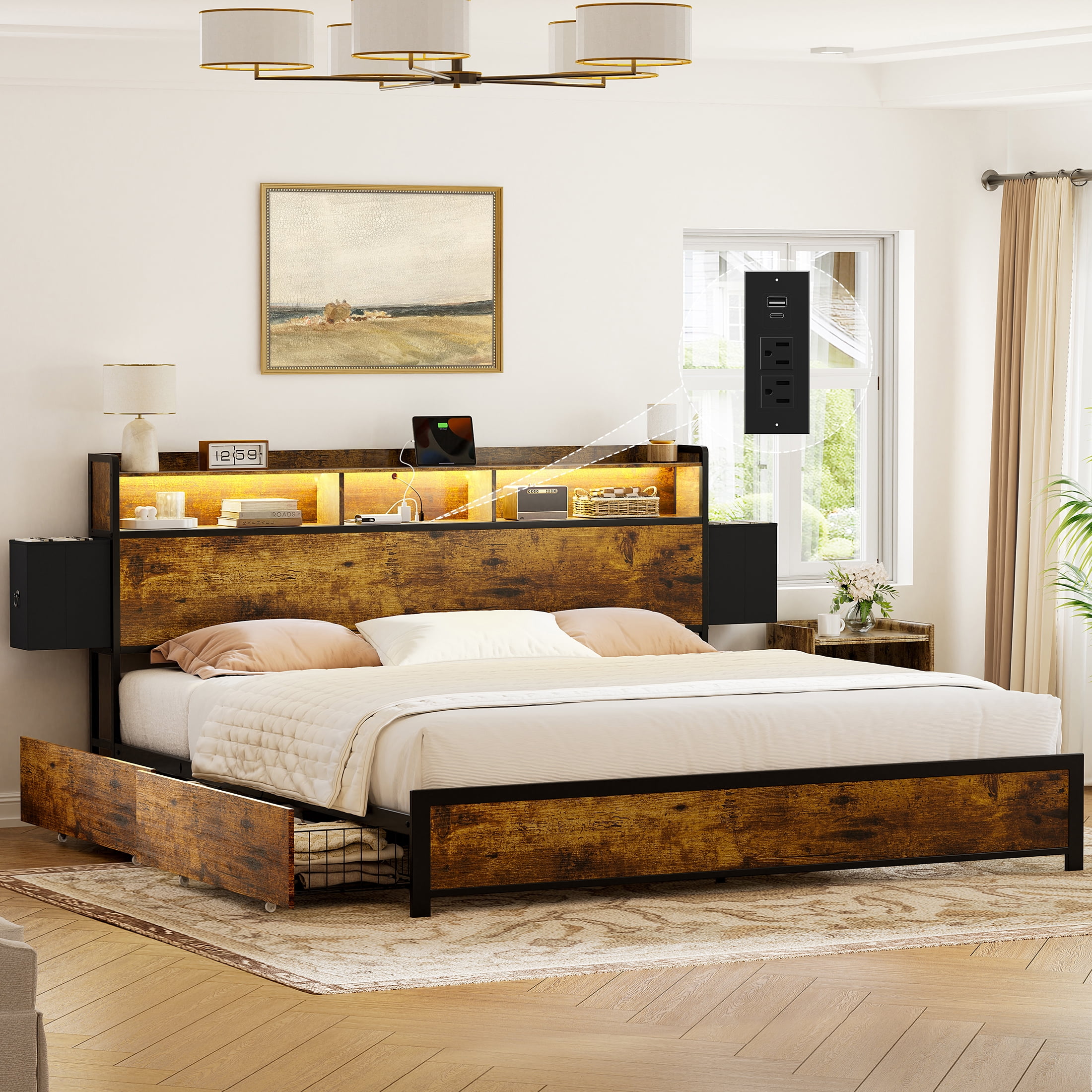 GUNAITO King Bed Frame with 2 Drawers Headboard Platform Bed Frame with LED Lights Charging Station Rustic Brown