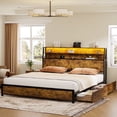 thumbnail image 1 of GUNAITO King Bed Frame with Storage Headboard, 2 Drawers Platform LED Bed Frame with USB Ports & Outlets Brown, 1 of 10