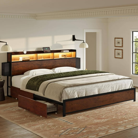 GUNAITO King Bed Frame with Storage Headboard, 2 Drawers Platform LED Bed Frame with USB Ports & Outlets Walnut Brown