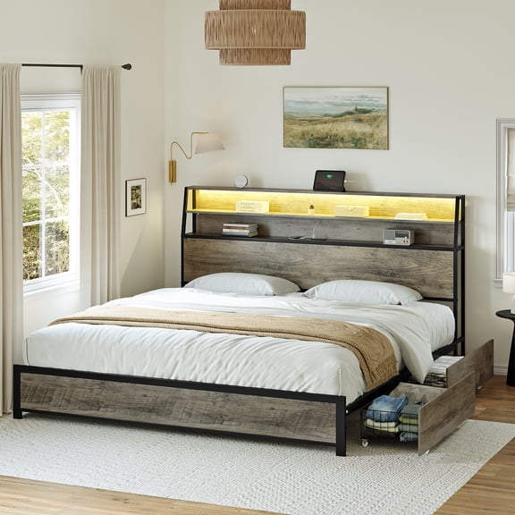 GUNAITO King Bed Frame with Three-shelf Storage Headboard, 2 Drawers Platform LED Bed Frame with USB Ports & Outlets Gray
