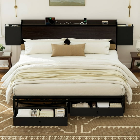 GUNAITO King Size Bed Frame with Storage Headboard Platform Bed Frame with 2 Drawers Metal Bed with Charging Station, Dark Brown