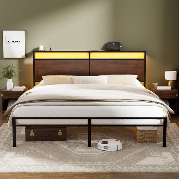 GUNAITO King Size Bed Frame with Wooden Headboard Metal Platform Bed Frame with LED Lights Charging Station Rustic Brown
