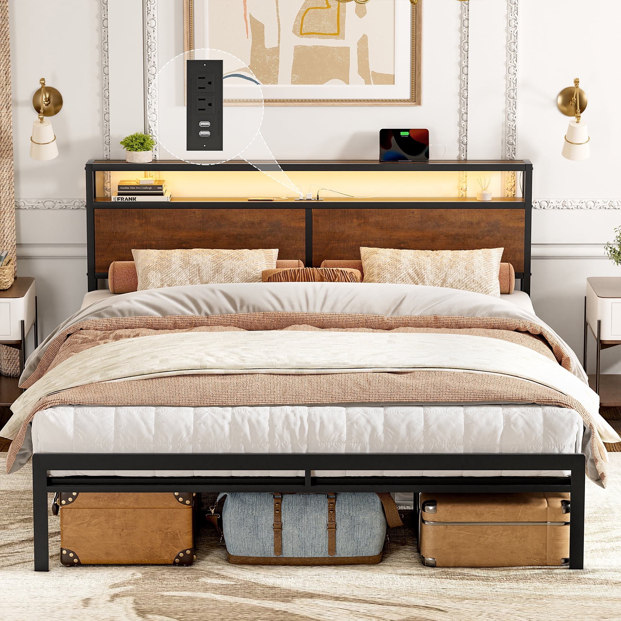 GUNAITO King Size Bed Frame with Wooden Headboard Metal Platform Bed