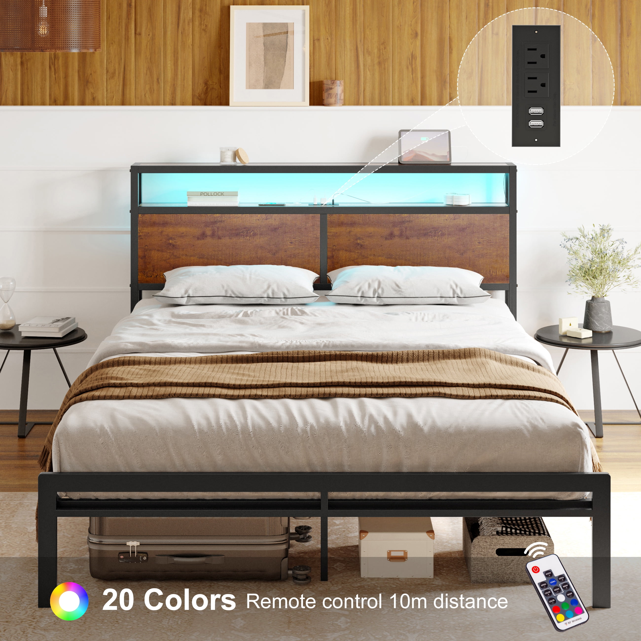 Gunaito King Size Bed Frame With Wooden Headboard Metal Platform Bed Frame With Led Lights Gunaito King Size Bed Frame With Wooden Headboard Metal Platform Bed Frame With Led Lights