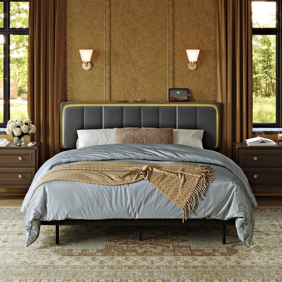 GUNAITO King Size Floating Bed Frame with Upholstered Storage Headboard, Metal Bed Frame with LED Light & Charging Station, No Spring Boxing Needed,Gray
