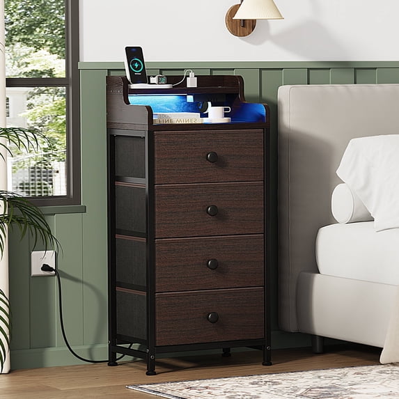 GUNAITO Led Nightstand with Charging Station Bedside Table with 4 Drawers End Table with Open Shelf Bedside Table with USB Ports and Outlets Nightstand for Bedroom,Brown