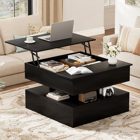 GUNAITO Lift Top Coffee Table with Storage, Wood Square Coffee Table for Living Room,31.5'' Small Center Table with Open Display Shelf for Dining Room, Black