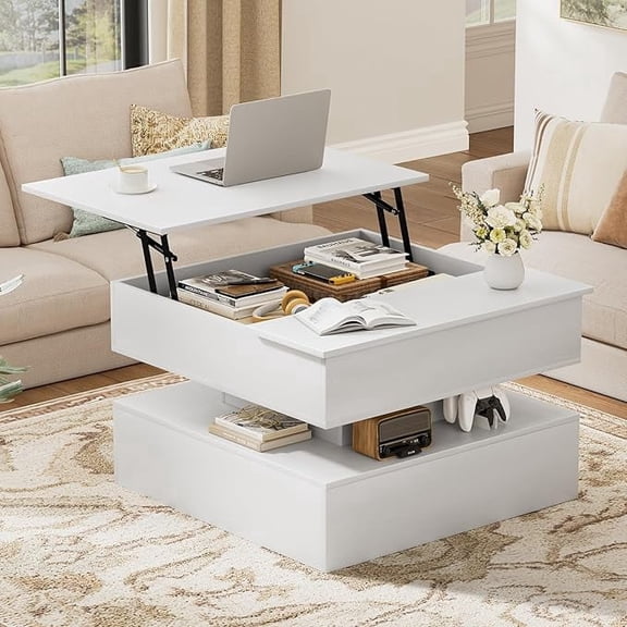 GUNAITO Lift Top Coffee Table with Storage, Wood Square Coffee Table for Living Room, 31.5'' Small Center Table with Open Display Shelf for Dining Room, White