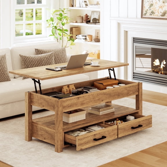 GUNAITO Lift Top Coffee Table with 2 drawers, Light Brown Wooden Convertible Coffee Table with Storage for Living Room, center Table, 42"