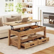 GUNAITO Lift Top Coffee Table with 2 drawers, Light Brown Wooden Convertible Coffee Table with Storage for Living Room, center Table, 42