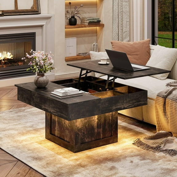 GUNAITO Lift Top Coffee Table with LED Lights, Modern Farmhouse Center Table with Storage, 31.5''Hx31.5''Wx19''D, Black