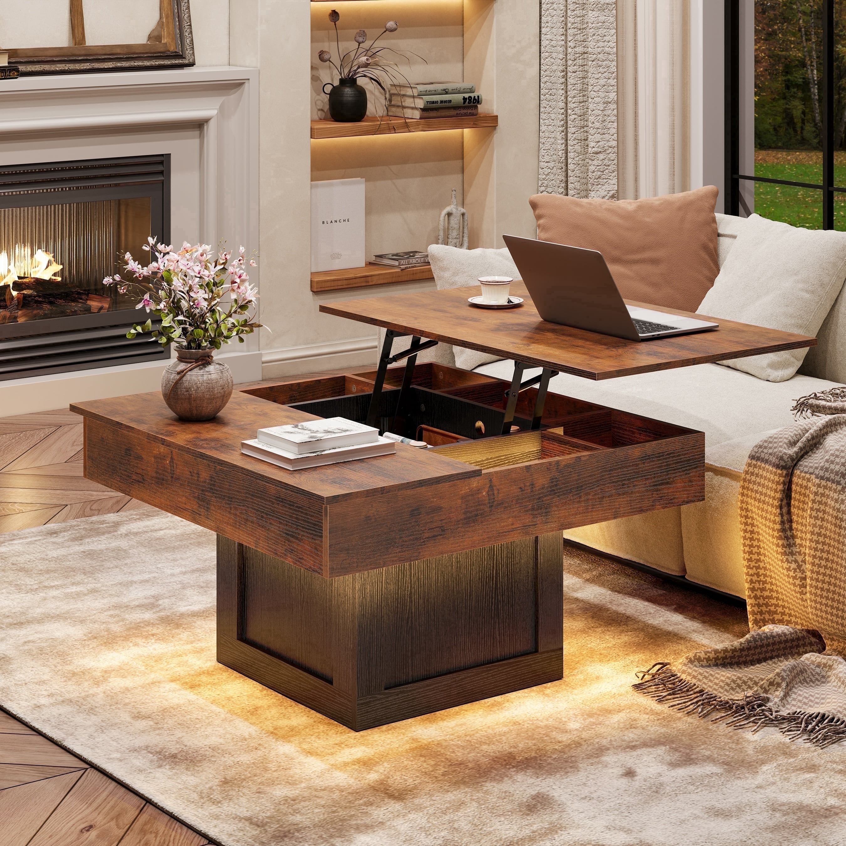 GUNAITO Lift Top Coffee Table with LED Lights, Modern Farmhouse Center Table with Storage, 31.5''Hx31.5''Wx19''D, Brown