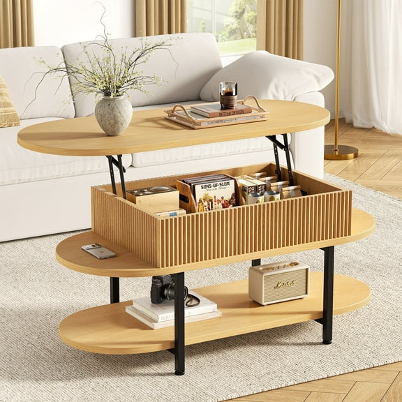 GUNAITO Lift Top Coffee Table with Storage, Modern Farmhouse Center Table with Shelf 2 Tier for Living Room, Natural