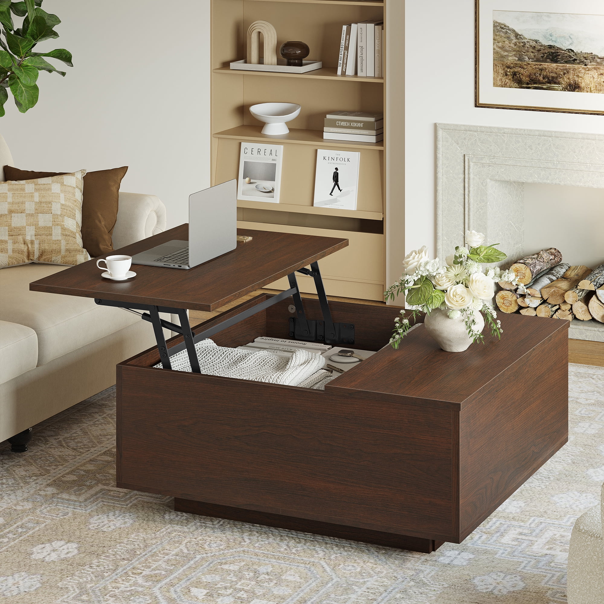 GUNAITO Lift Top Coffee Table with Storage, Square Coffee Table and modern Farmhouse Centre Table for Living Room, Walnut