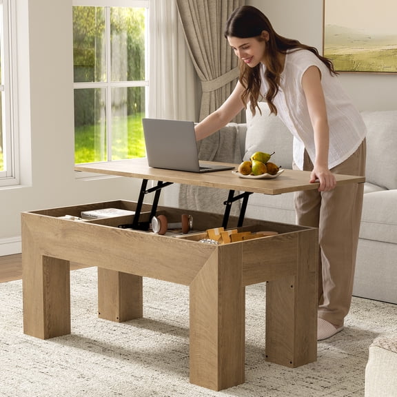 GUNAITO Lift Top Coffee Table with Storage, Wooden Convertible Coffee Table for Living Room, Farmhouse Center Table, Natural