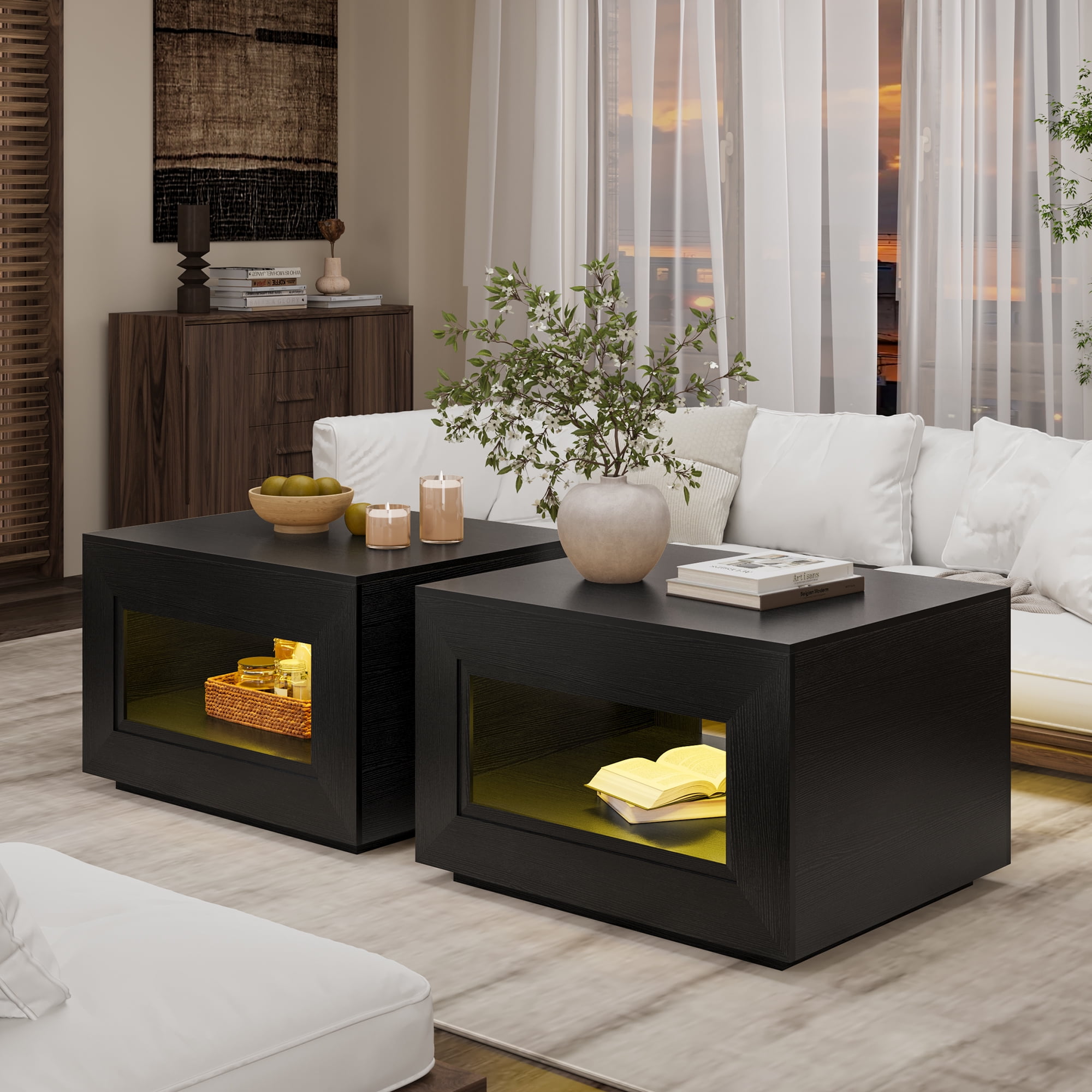 GUNAITO Lift Top Coffee Table with Storage, Wooden Convertible Coffee Table with LED Lights for Living Room, Square Center Table, Black
