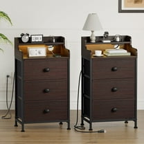GUNAITO 3 Drawers Nightstand Set of 2 with Charging Station, Bedside Table with LED Light, Modern End Side Table for Bedroom Living Room，Brown