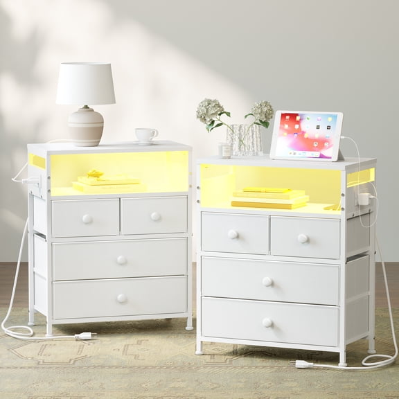 GUNAITO Led Nightstand Set of 2 with 4 Drawers Bedside Table with Charging Station Wide End Table with Storage Shelf for Living Room,White