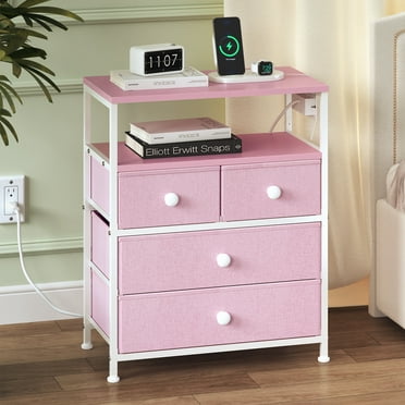 GUNAITO Nightstand with 4 Drawers Bedside Table with Charging Station and Led Lights End Table with Storage Shelf for Living Room,Pink