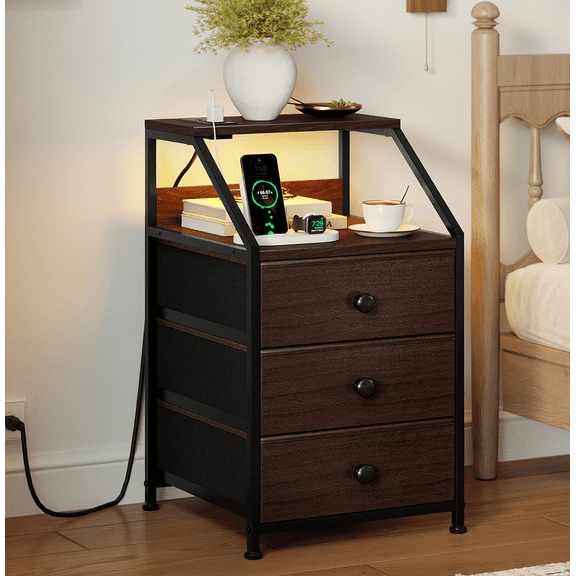 GUNAITO Led Nightstand with Charging Station Side Table with 3 Drawers End Table with Open Shelf Bedside Table with USB Ports and Outlets Nightstand for Bedroom,Brown