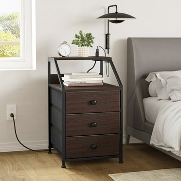 GUNAITO Nightstand with Charging Station, Bedside Tables with 3 Fabric Drawers and 2-Tie Storage Shelves for Bedroom,Brown